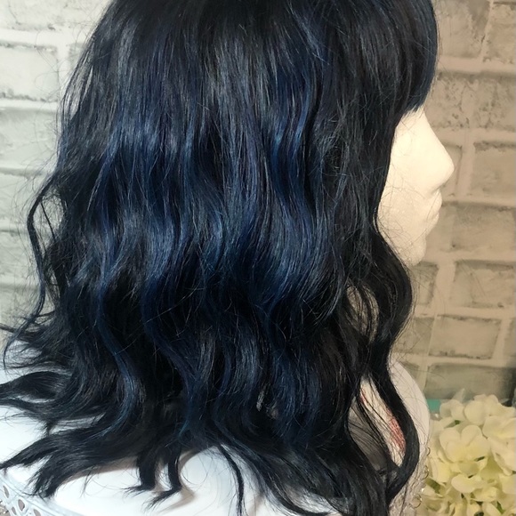 Black with Blue Highlights Shoulder Length Wavy Wig with Blunt Cut Bangs - Picture 5 of 7